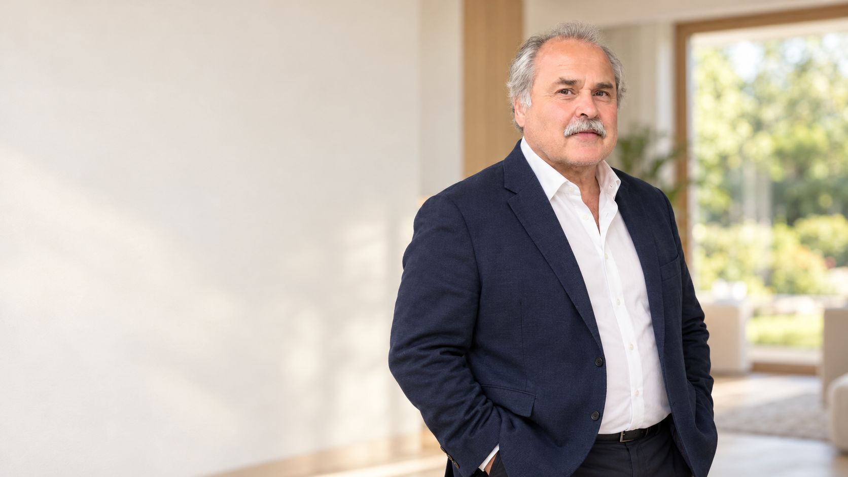 Jiří Dostál, realitní makléř, v tmavě modrém saku ve světlém interiéru